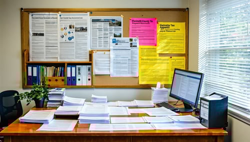 The image features a wellorganized office space with a large wooden desk at the center cluttered with papers a computer and various property tax documents neatly arranged A wallmounted bulletin board displays colorful flyers and informational pamphle