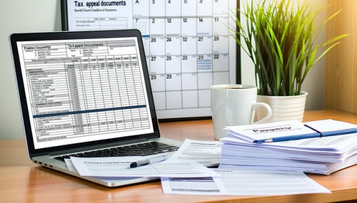 The image features a wellorganized office space with a wooden desk cluttered with paperwork and files related to property tax appeals A laptop sits open displaying a spreadsheet with property values Nearby a stack of envelopes is labeled Tax Appeal D-1