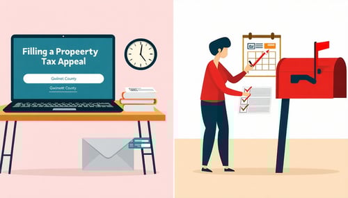 The image illustrates a splitscreen comparison of two methods for filing a property tax appeal in Gwinnett County On the left side a person sits at a desk with a laptop open displaying an online filing portal A clock shows the time emphasizing conven