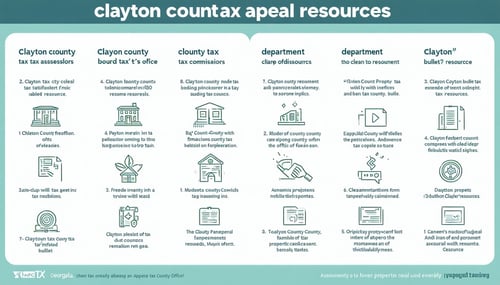 The image is a detailed infographic outlining resources for property owners navigating tax appeals in Clayton County At the top a bold title reads Clayton County Tax Appeal Resources in a clean modern font Below several sections are neatly organized-1
