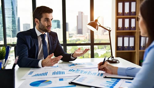 The image portrays a serene office environment where a focused attorney is engaged in a discussion with a client over a table cluttered with legal documents and charts The attorney dressed in a sharp suit gestures confidently while explaining complex