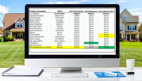 The image showcases a neatly organized spreadsheet on a computer screen displaying a comparison of property assessments Each row lists various properties including columns for address parcel number assessed fair market value square footage and key ch