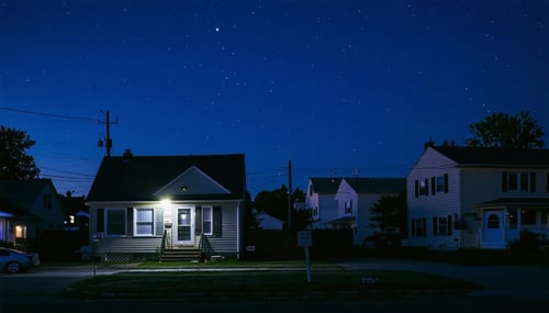 The image showcases a residential neighborhood at twilight where the sky is a deep indigo dotted with faint stars struggling to shine through a haze of artificial light In the foreground a modest home is illuminated by glaring streetlights and bright