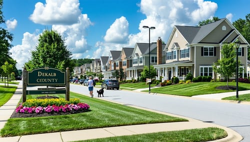 The image showcases a serene suburban neighborhood in DeKalb County Georgia featuring a row of wellmaintained houses with manicured lawns Each home displays a unique architectural style with vibrant flower beds blooming in front yards A clear blue sk