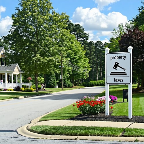 The image shows a serene suburban neighborhood in Gwinnett County with wellmaintained homes surrounded by lush greenery In the foreground a neatly manicured lawn features colorful flower beds and a white picket fence A signpost stands at the edge of
