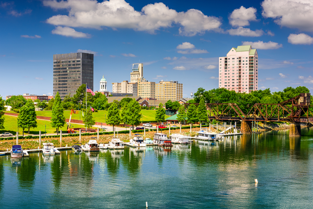 Augusta, Georgia, USA downtown skyline on the Savannah River.